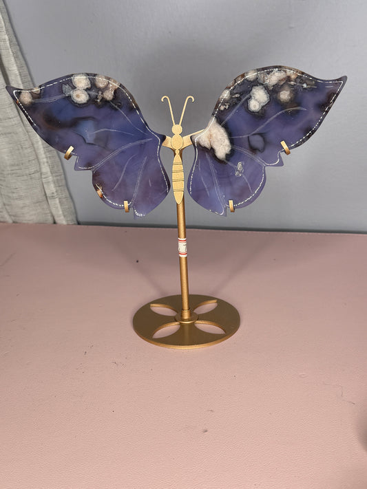 Blue Flower Agate Butterfly Wings on Stand