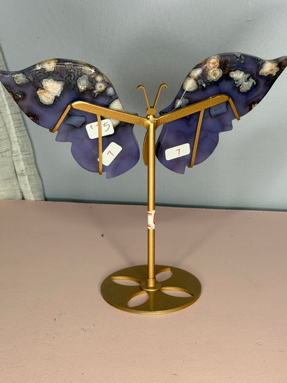 Blue Flower Agate Butterfly Wings on Stand