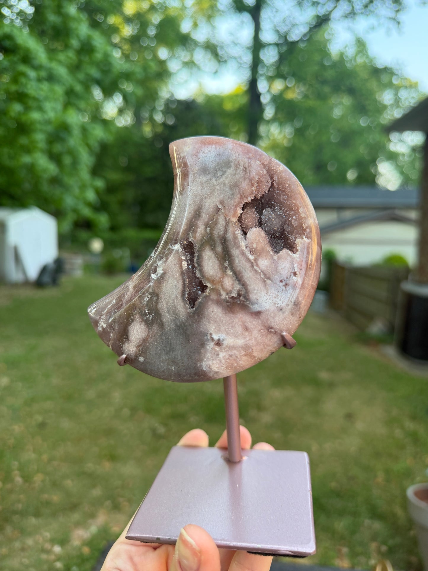 Pink amethyst Druzy Moon on Stand