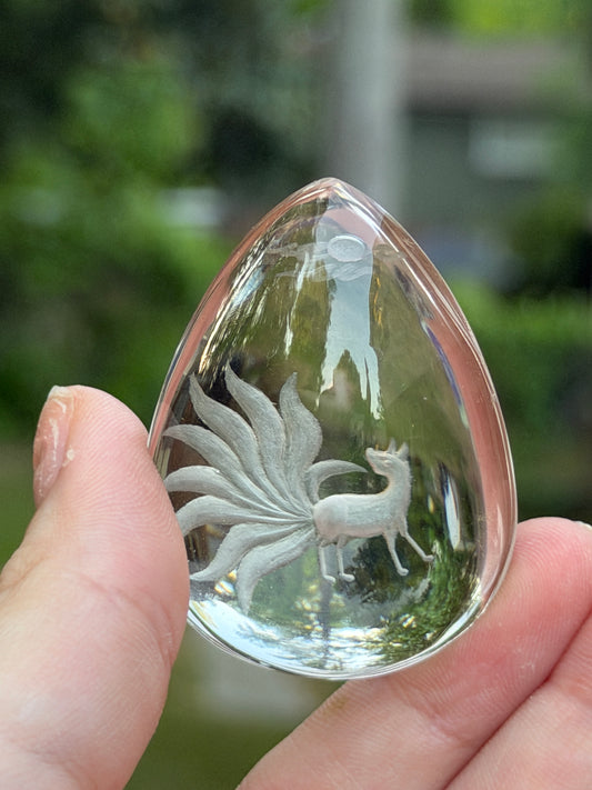 Clear Quartz Nine Tail Fox Etching