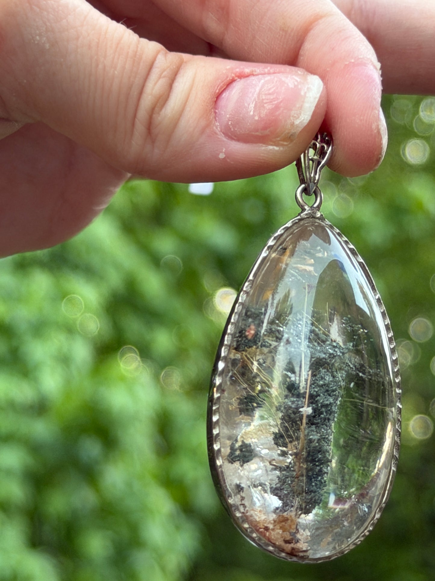 Garden Quartz with Golden Rutile Pendant Wrapped in 925 Sterling Silver